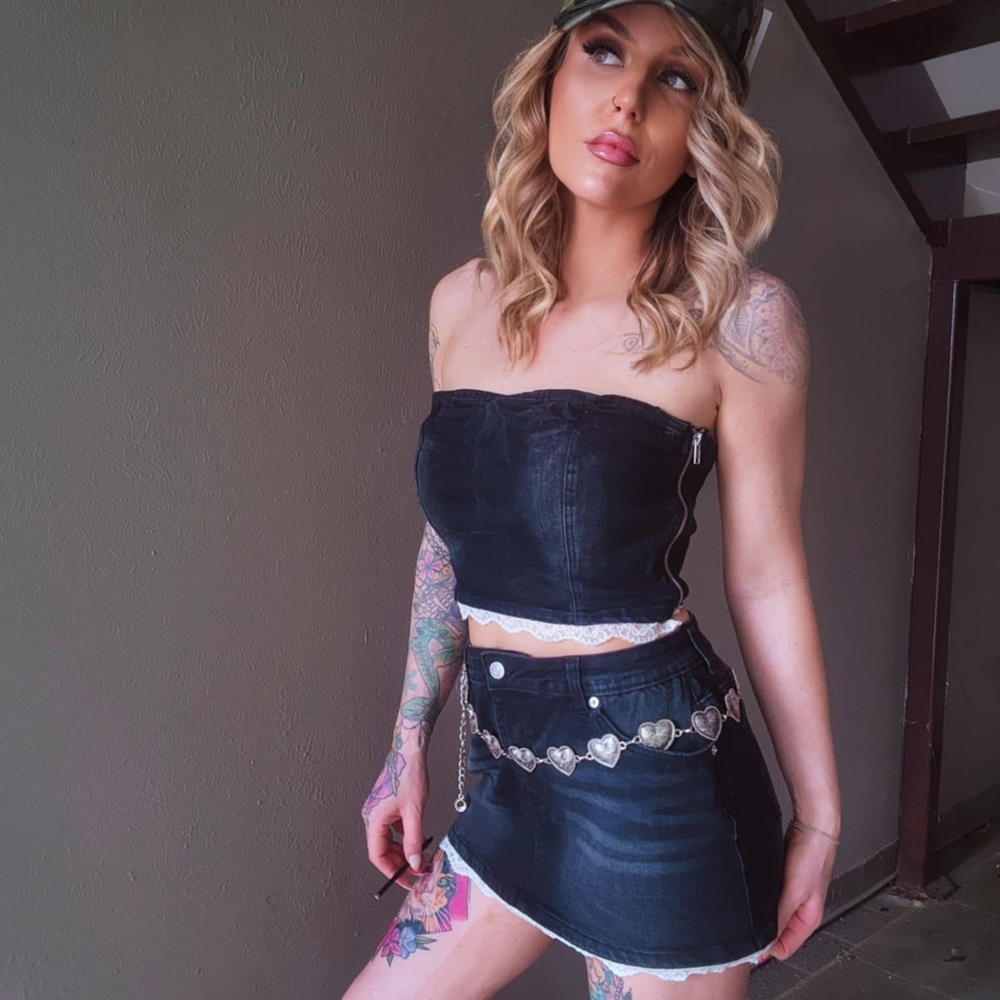 Black Denim Tube Top With Lace Trim